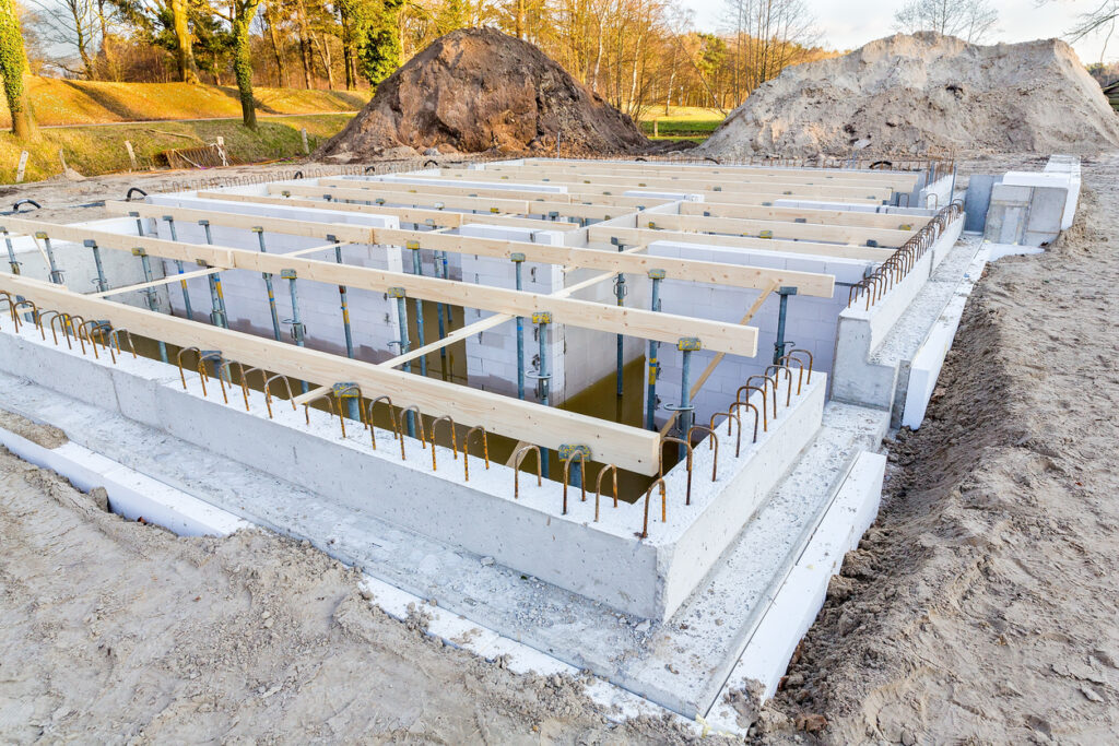 Construction site with foundation for new house to be built in Bloomington IL